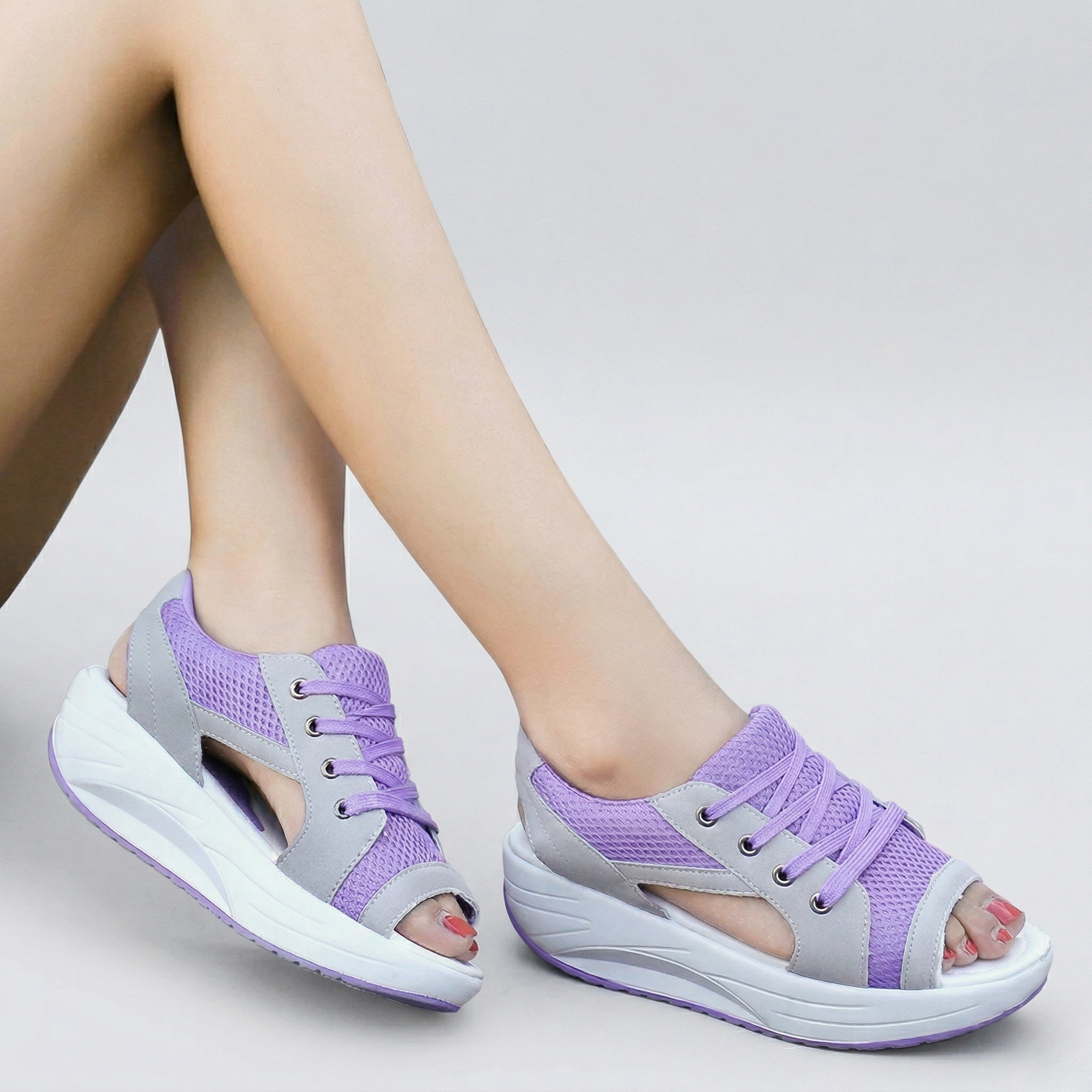 Sandales Femme Orthopédiques Compensées à Lacets Design Aéré Confort