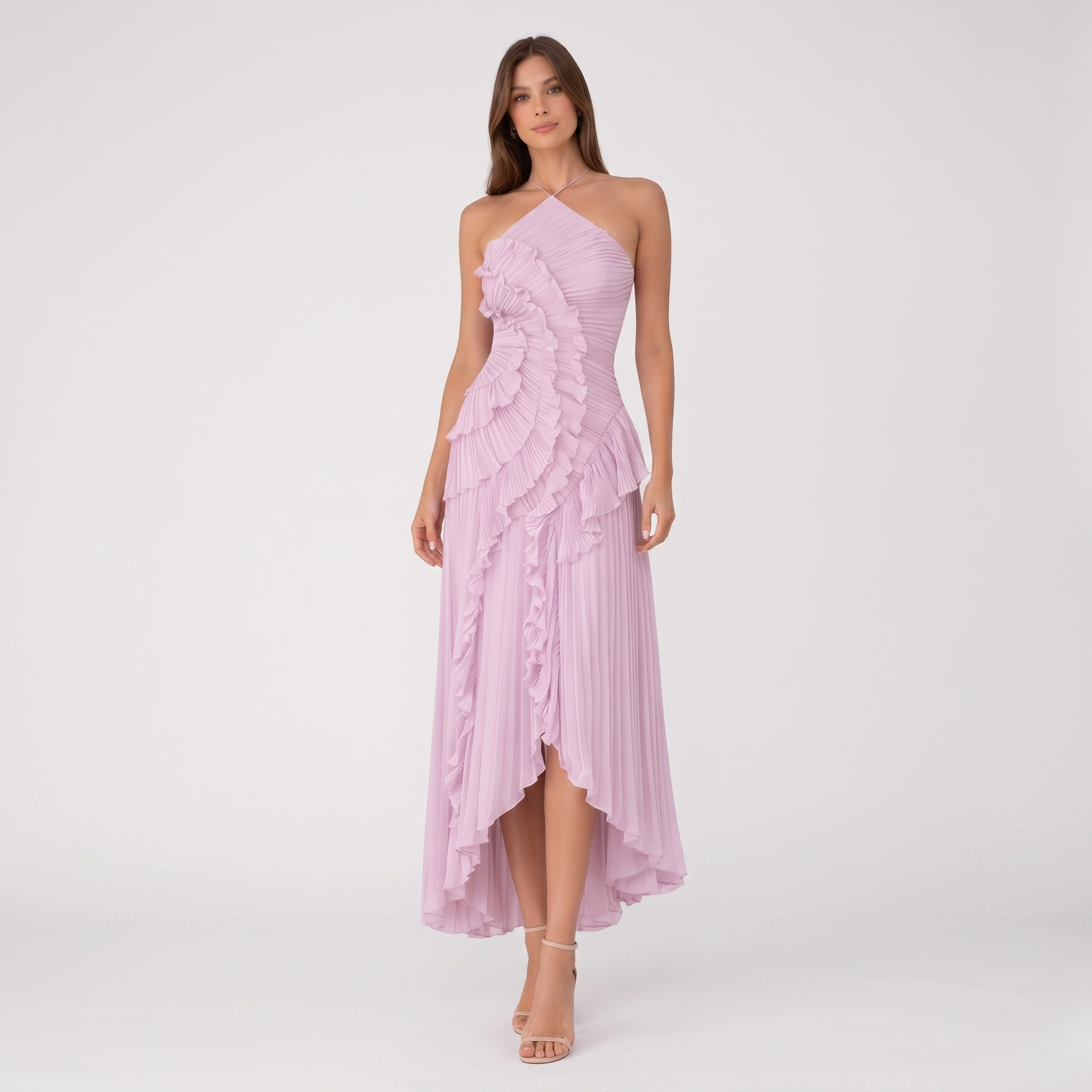 Robe Maxi Dos Nu Femme Col Halter Sans Manches Volants Élégante Robe Invitée Mariage Été