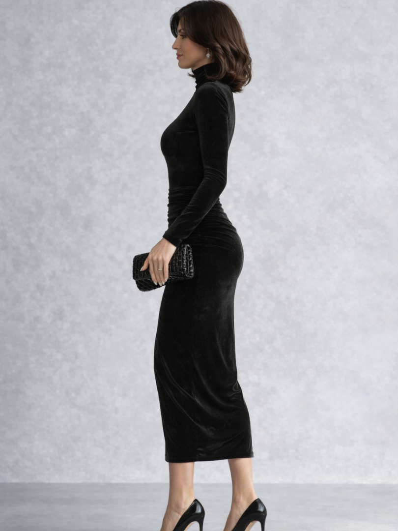 Camille | Robe Midi en Velours Froncé