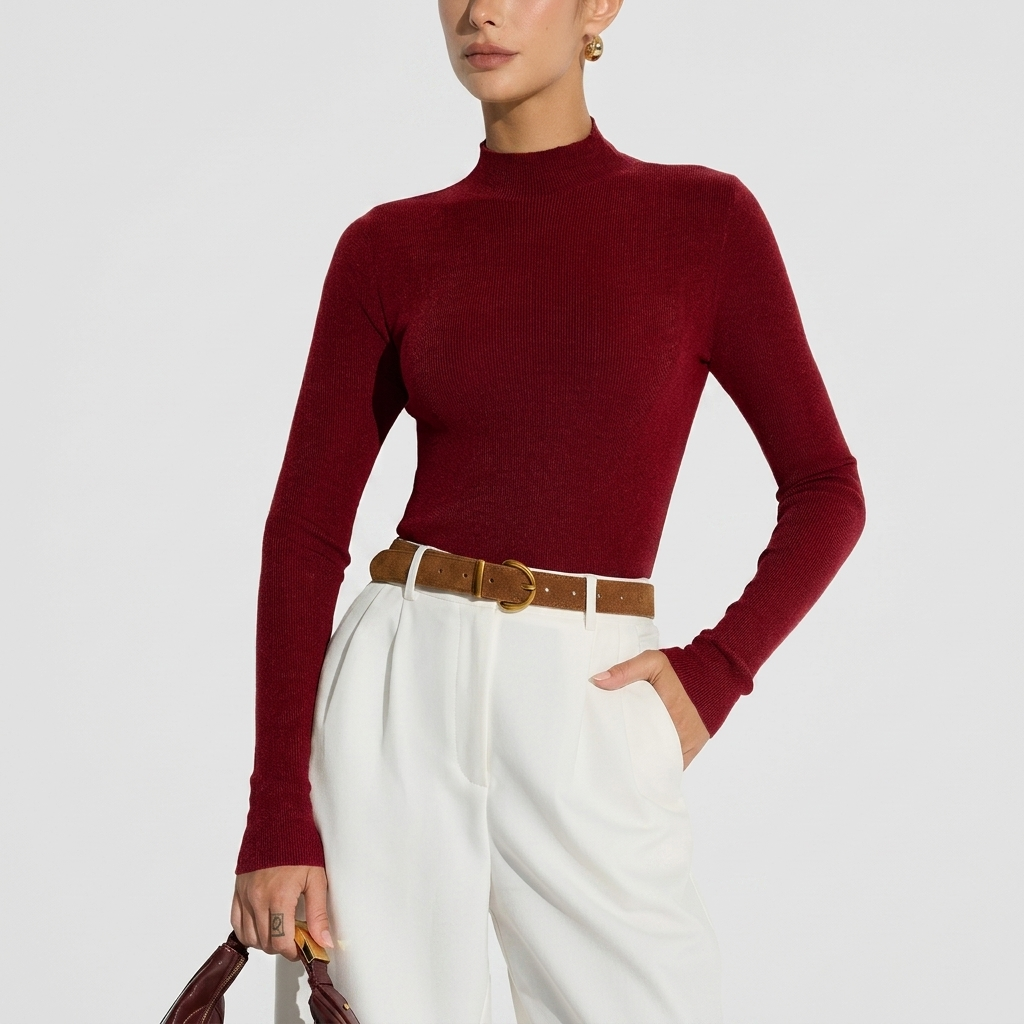 Haut Femme Col Montant Maille Coupe Ajustée Manches Longues Élégant
