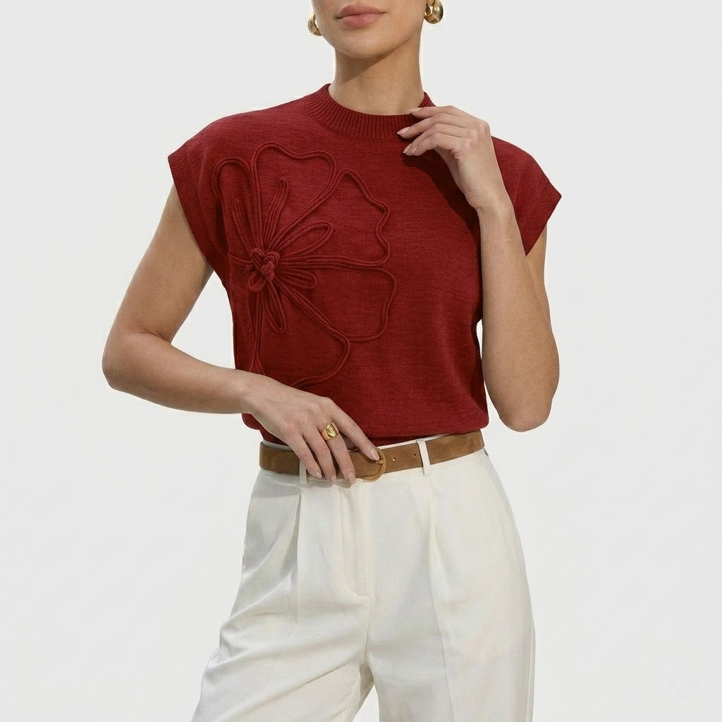 Haut Femme Maille avec Appliqué Fleur Manches Courtes Élégant