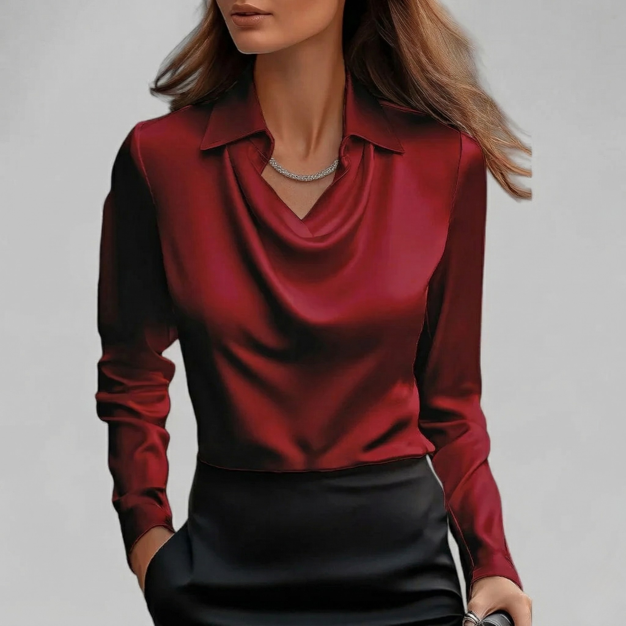 Blouse Femme Élégante Col Cascade Manches Longues