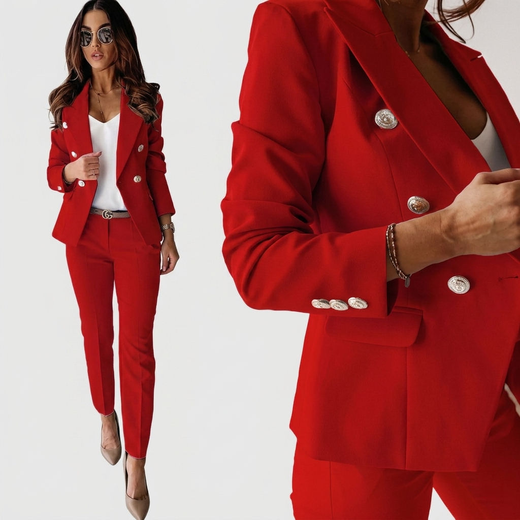 Tailleur Femme Élégant Ensemble Blazer Croisé et Pantalon Ajusté