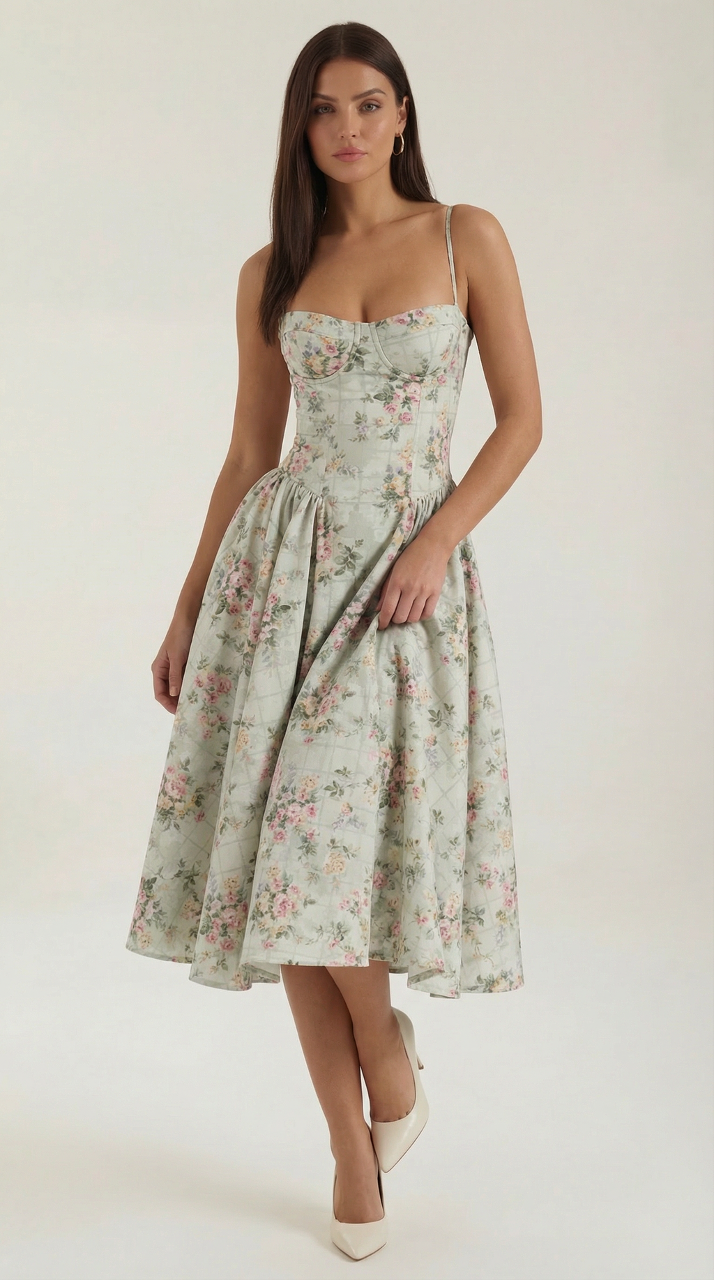 Robe Midi en Coton Style Corset avec Bretelles et Imprimé Floral pour Femme