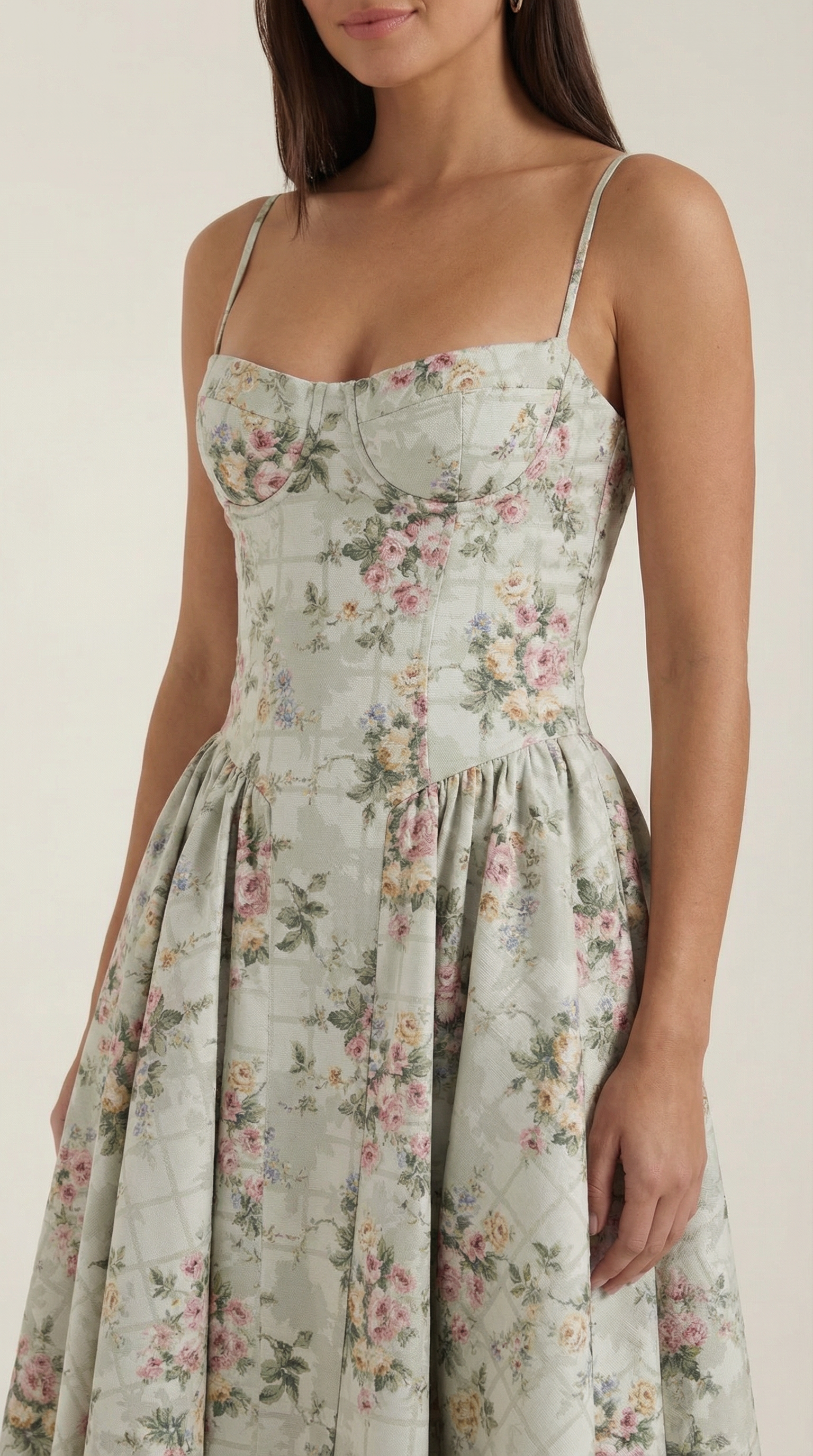 Robe Midi en Coton Style Corset avec Bretelles et Imprimé Floral pour Femme