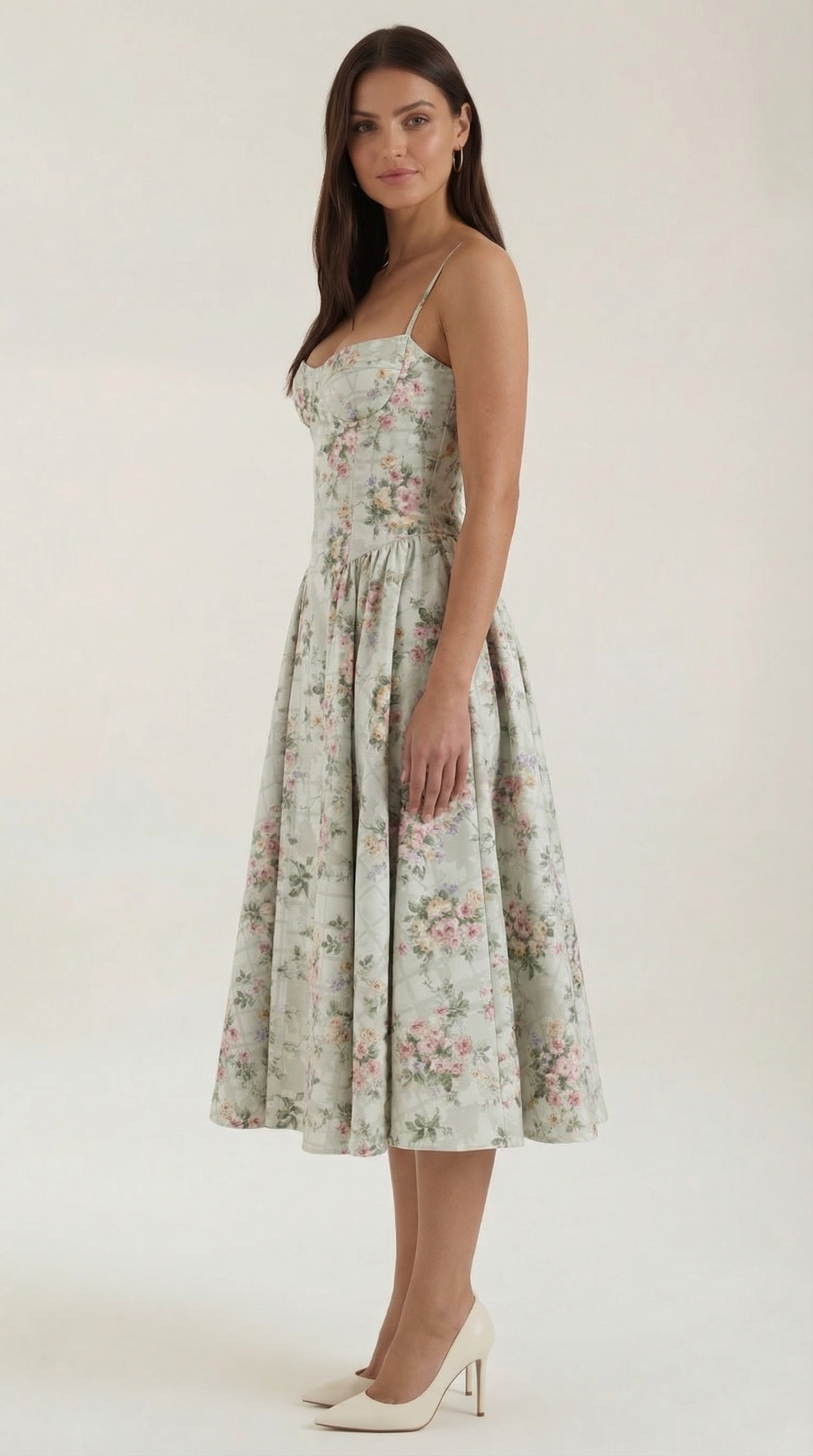 Robe Midi en Coton Style Corset avec Bretelles et Imprimé Floral pour Femme