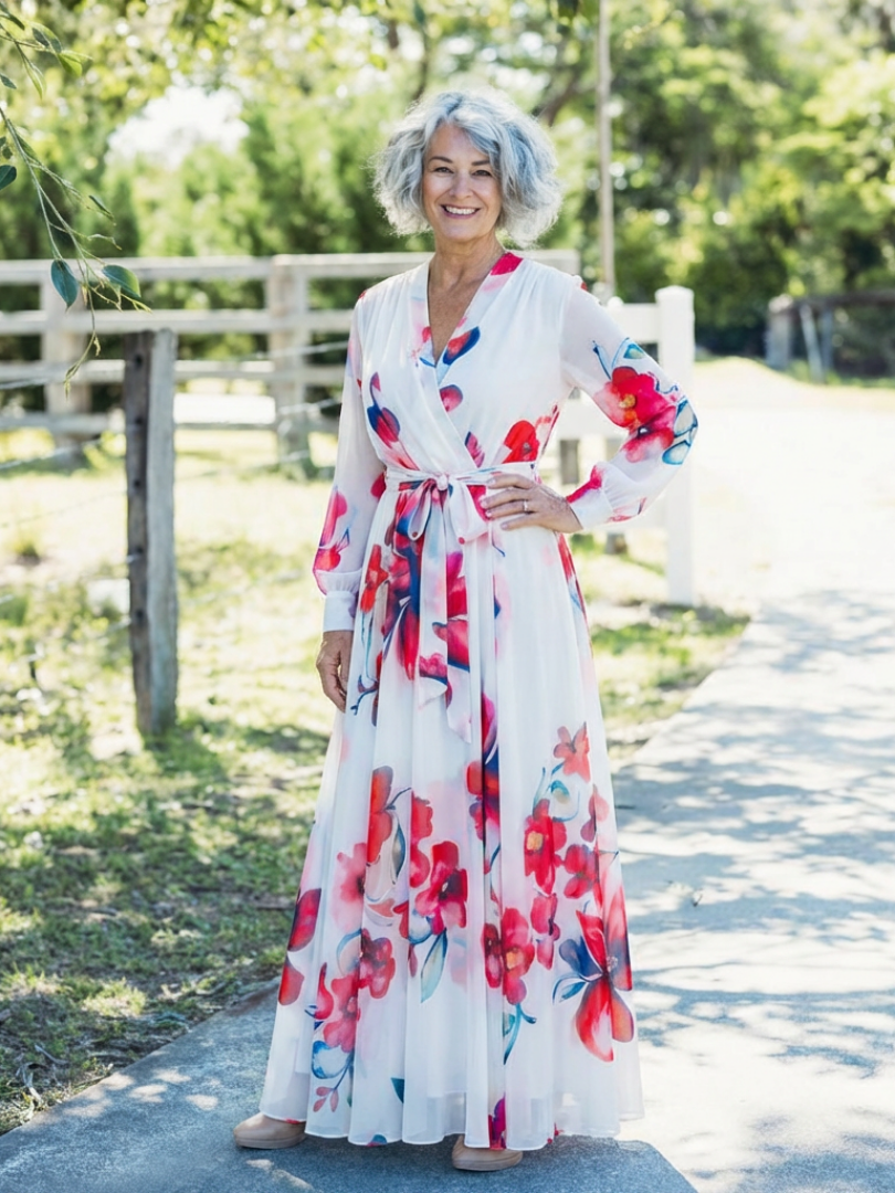 Lillian | Robe Maxi Enveloppante à Manches Longues Florale