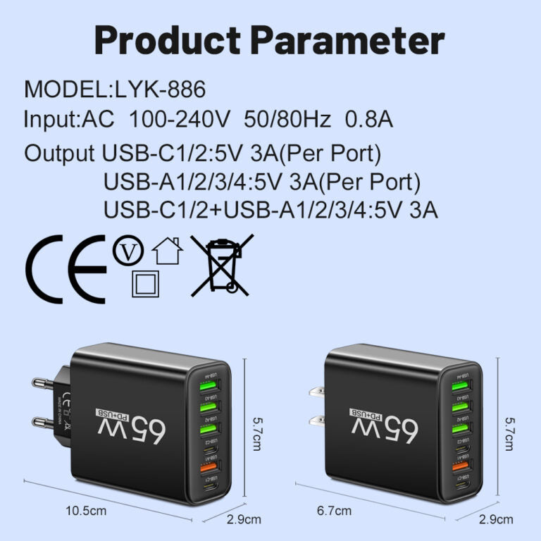 PowerMax 65W Chargeur Rapide 6-en-1 – Charge Jusqu'à 6 Appareils Simultanément – Idéal Pour la Maison, le Bureau et les Voyages