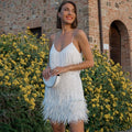 Robe Mini Pailletée avec Franges et Plumes de Coupe Ajustée avec Décolleté en V