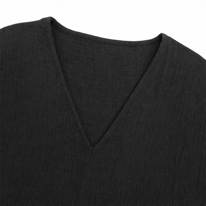 Sereva – Blouse en lin à col en V décontracté pour femmes avec manches trois-quarts et ourlet courbé