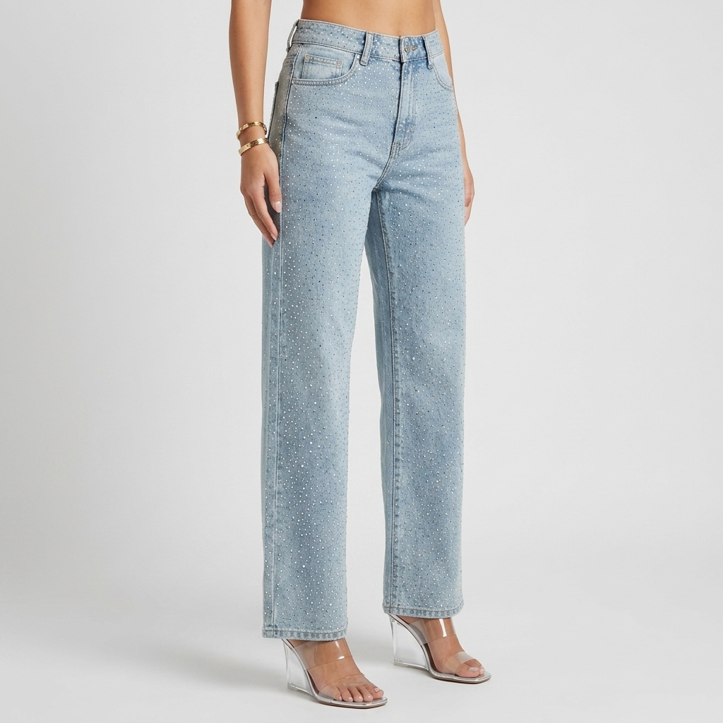 Jean Femme Pailleté Jambe Large Taille Haute Pantalon Denim Tendance