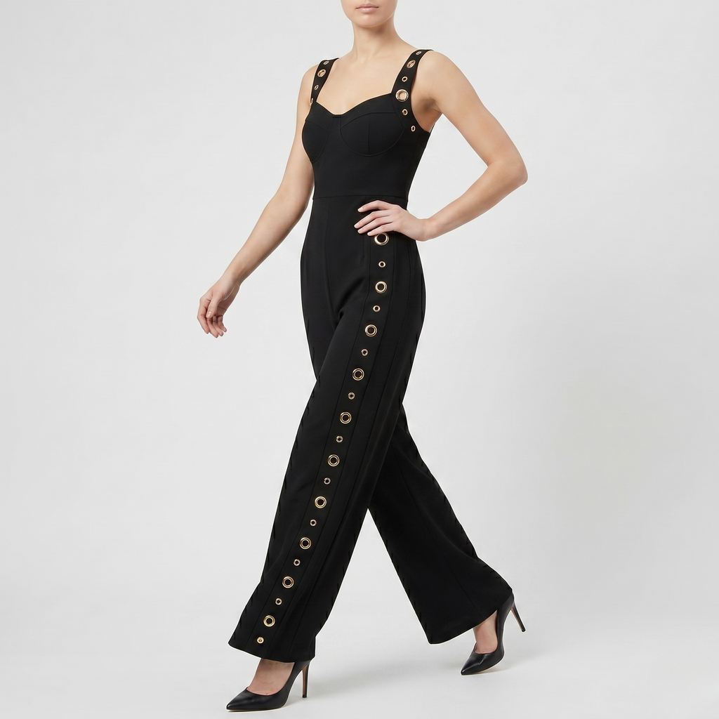 Combinaison Femme Sans Manches Jambe Large Détail Œillets Élégante