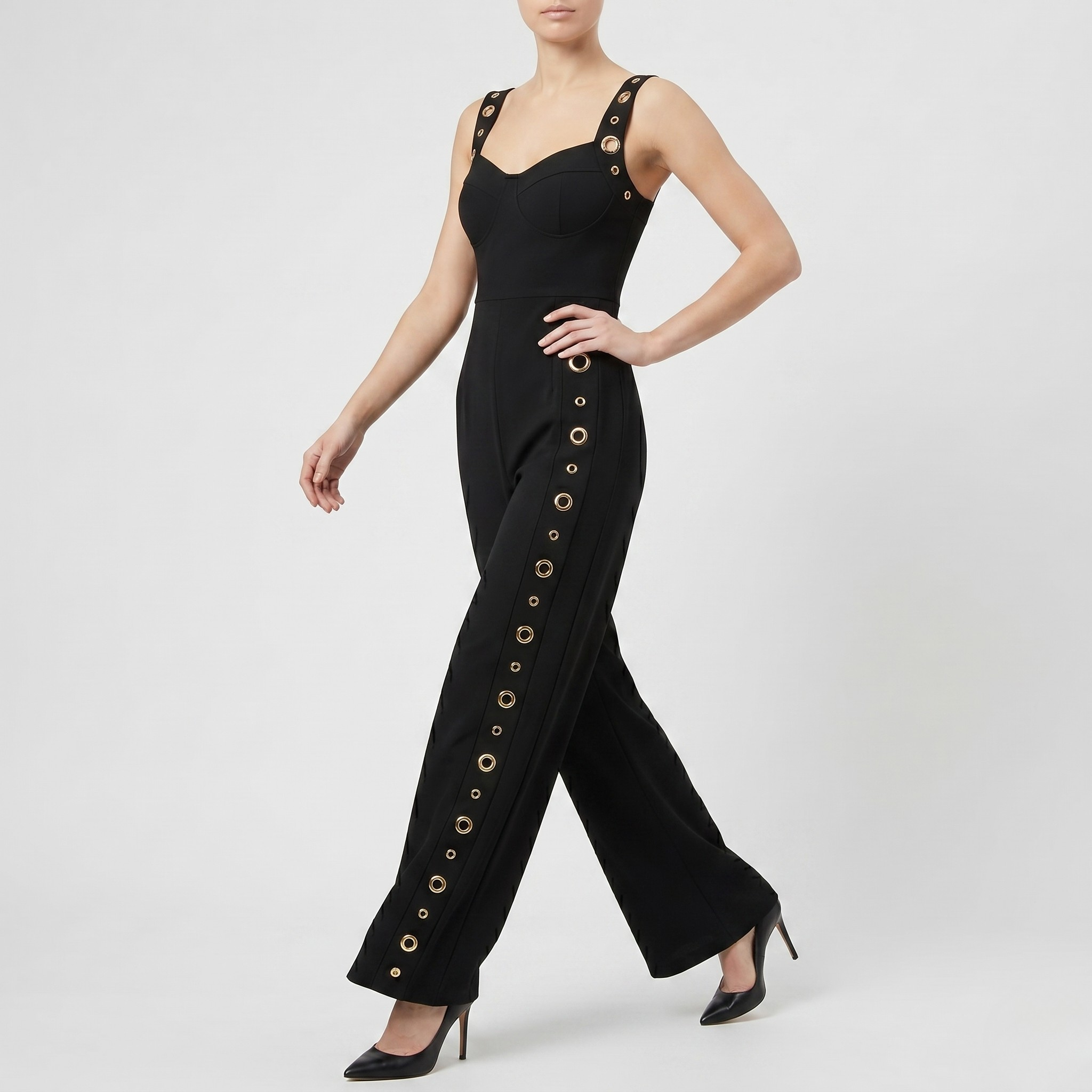 Combinaison Femme Sans Manches Jambe Large Détail Œillets Élégante