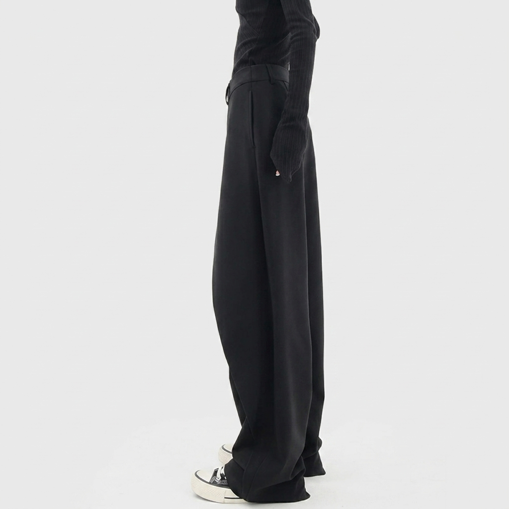 Pantalon Femme Jambe Large Asymétrique Taille Haute Élégant