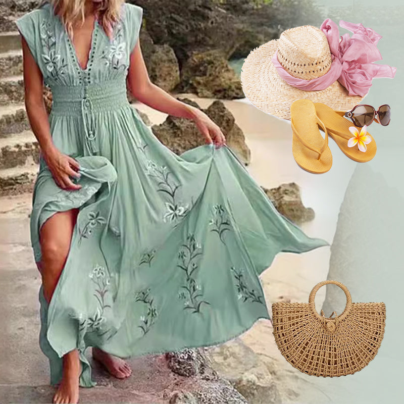 Ivoire | Robe maxi d'été sans manches avec broderie élégante