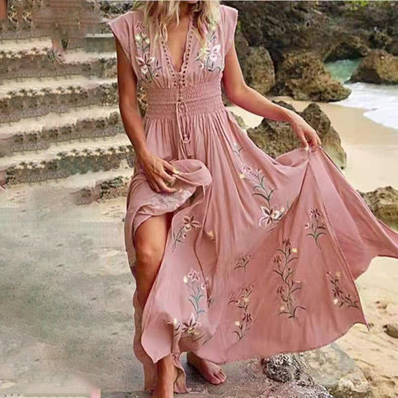 Ivoire | Robe maxi d'été sans manches avec broderie élégante