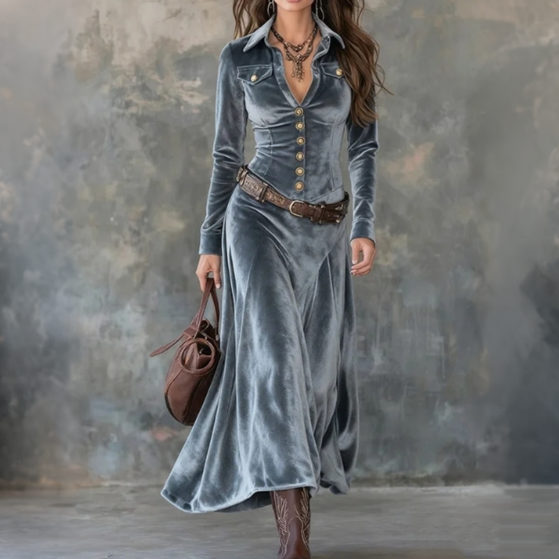 Taila | Robe maxi en velours à manches longues