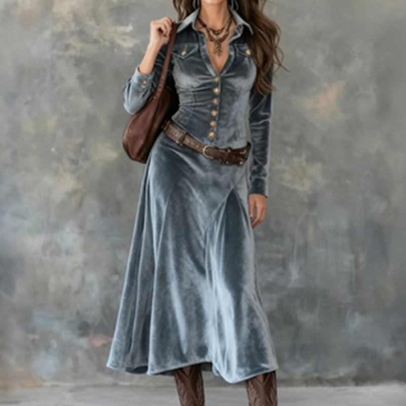 Taila | Robe maxi en velours à manches longues