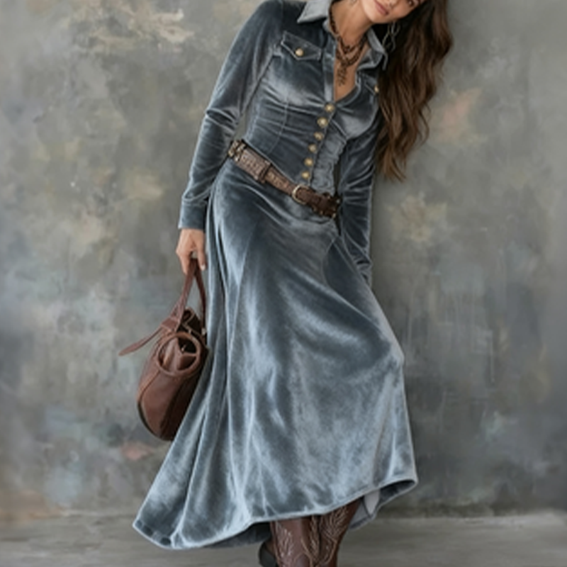 Taila | Robe maxi en velours à manches longues