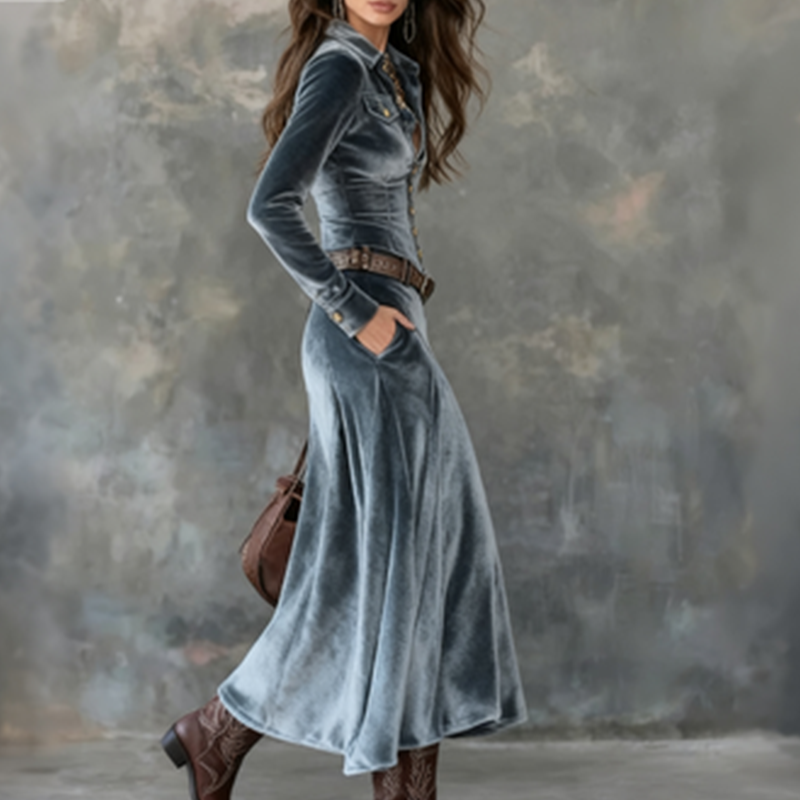 Taila | Robe maxi en velours à manches longues