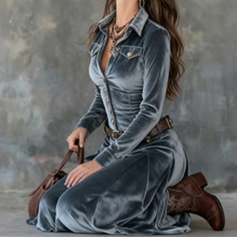 Taila | Robe maxi en velours à manches longues