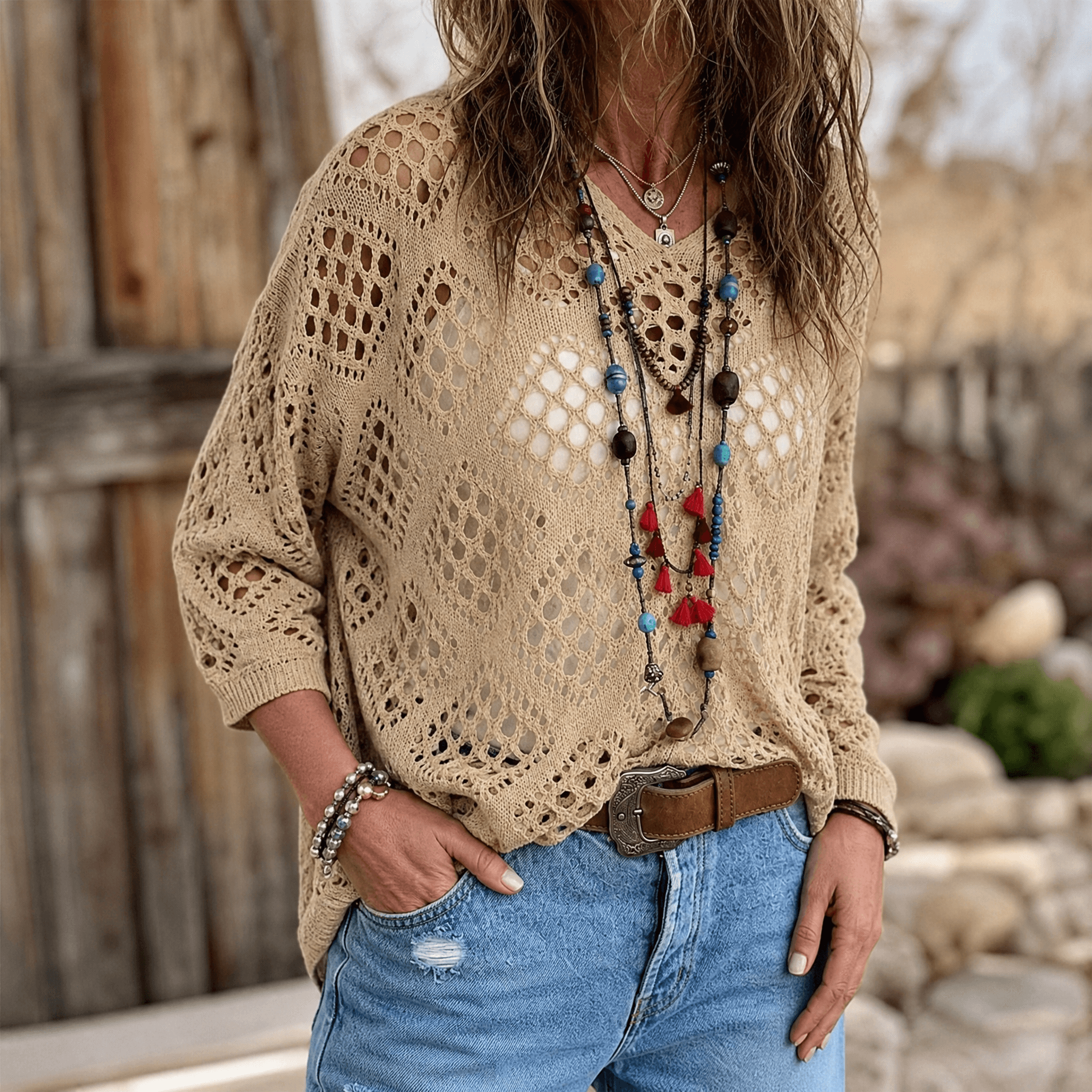 Sunfara – Haut en Crochet V-Coupe Bohème pour Femmes