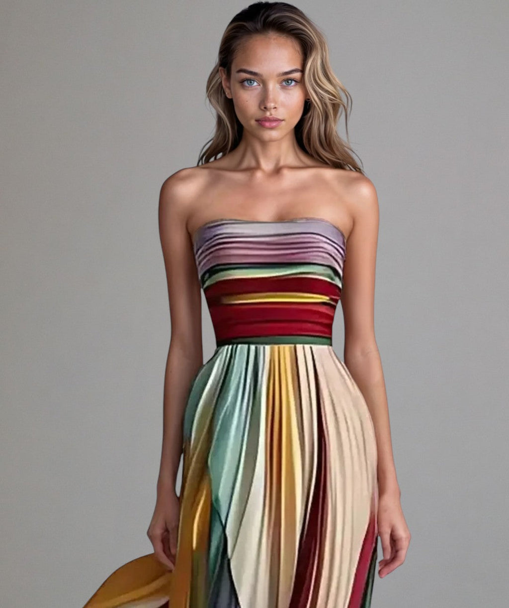 Pola | Robe maxi plissée multicolore sans bretelles