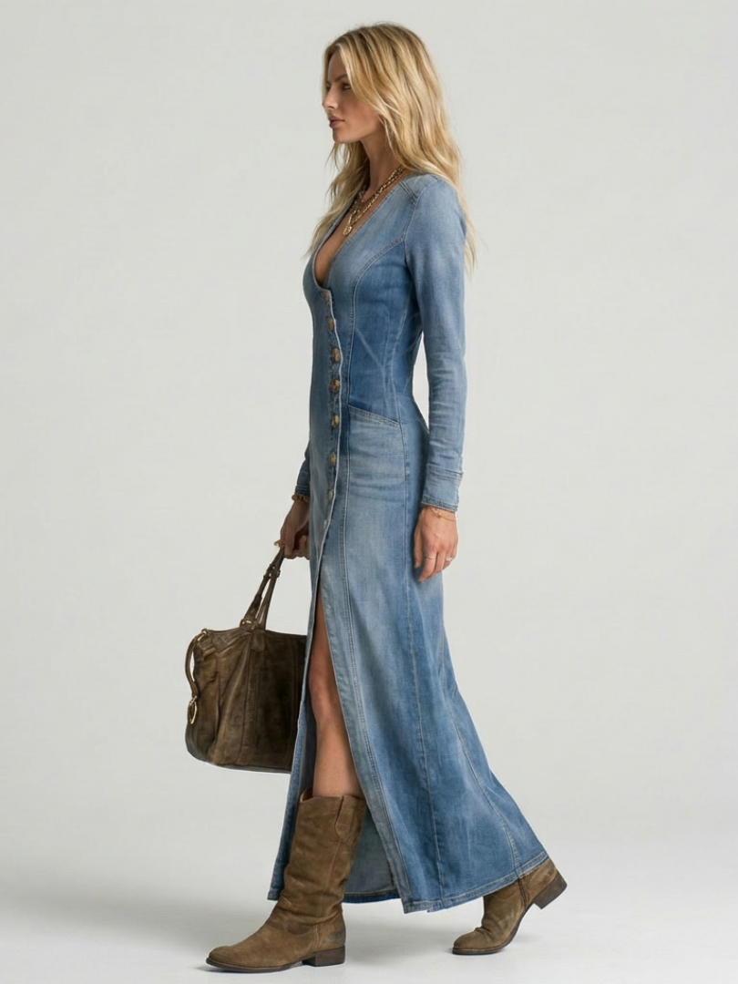 Sienna | Robe Maxi en Jean à Boutons
