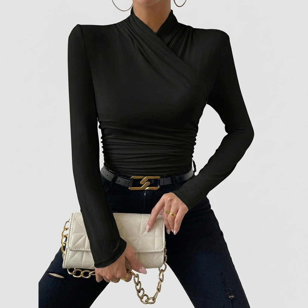 Top Femme Croisé Manches Longues Blouse Élégante Froncée Ajustée