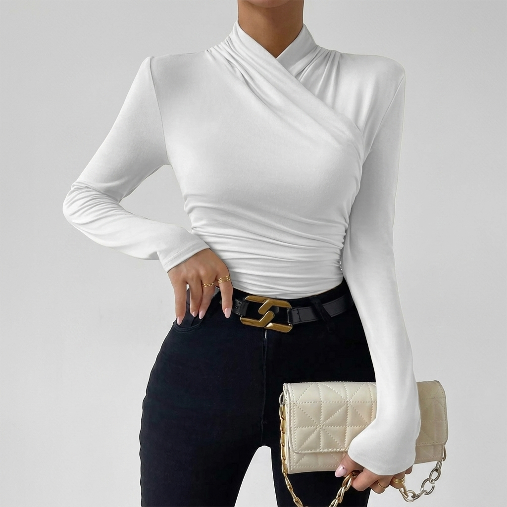 Top Femme Croisé Manches Longues Blouse Élégante Froncée Ajustée