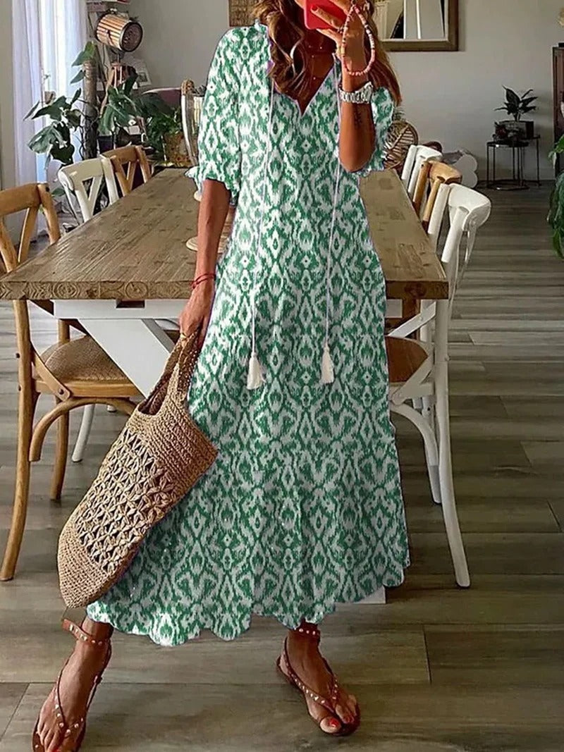 Robe Longue Femme avec Imprimé Floral et Jupe Évasée de Coupe Empire