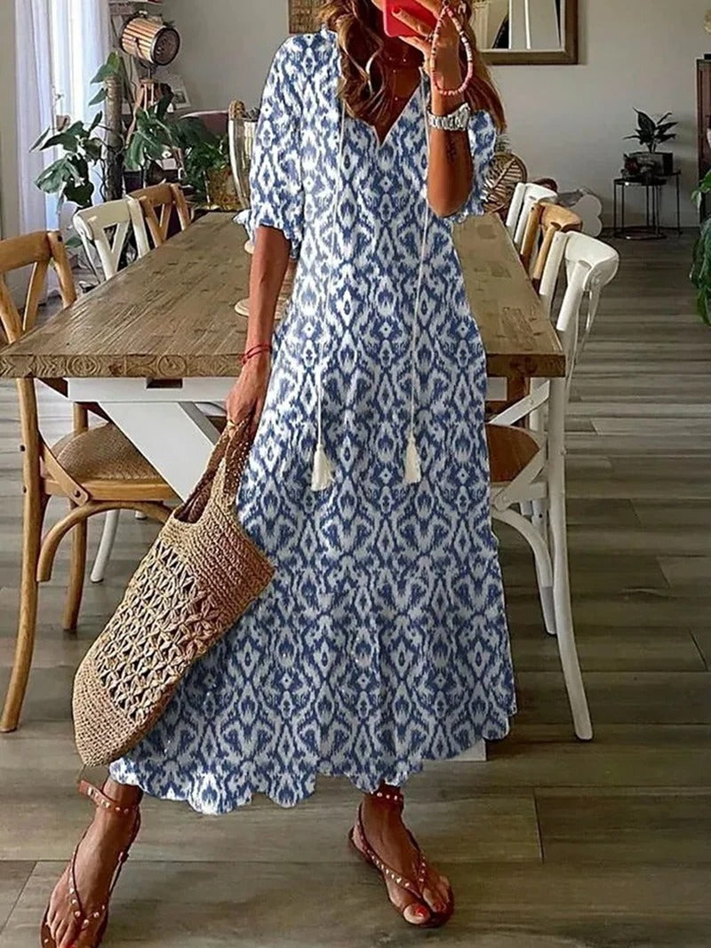 Robe Longue Femme avec Imprimé Floral et Jupe Évasée de Coupe Empire