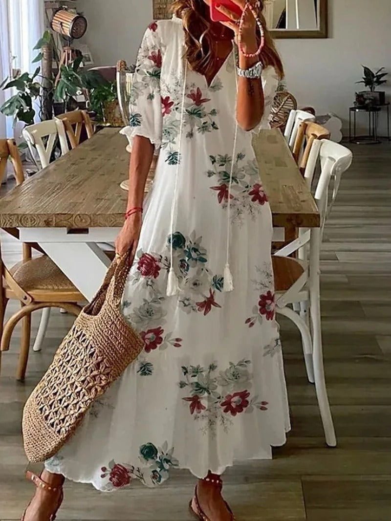Robe Longue Femme avec Imprimé Floral et Jupe Évasée de Coupe Empire