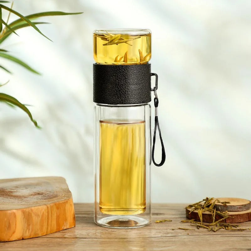 WoodGlass Thermo – Bouteille Isotherme Portable Transparente avec Filtre à Thé pour Boissons Saines à Emporter