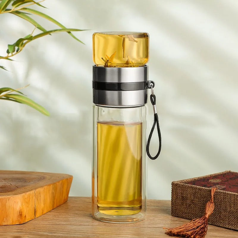 WoodGlass Thermo – Bouteille Isotherme Portable Transparente avec Filtre à Thé pour Boissons Saines à Emporter