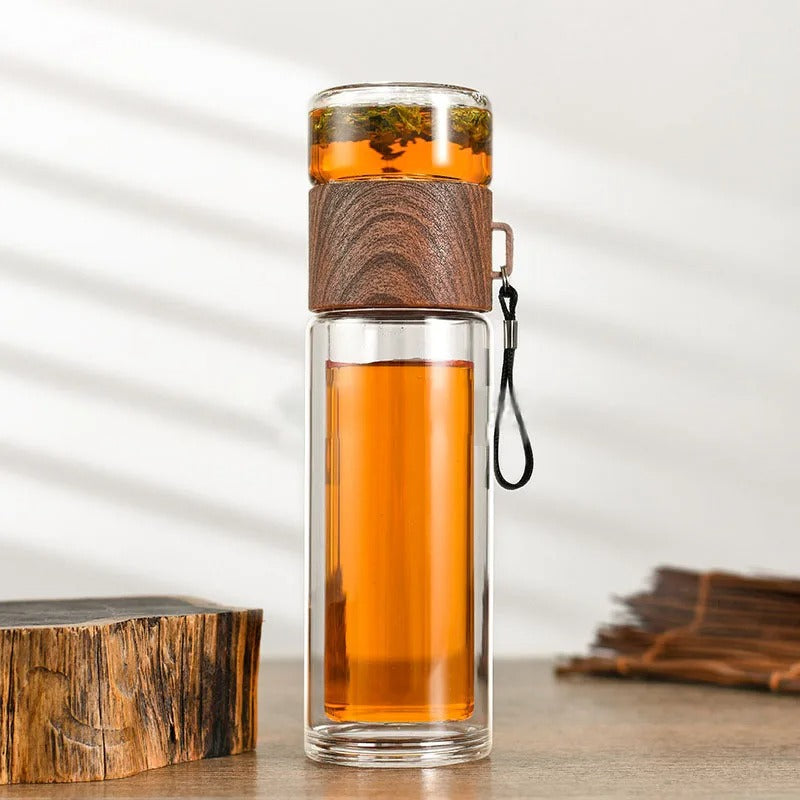 WoodGlass Thermo – Bouteille Isotherme Portable Transparente avec Filtre à Thé pour Boissons Saines à Emporter