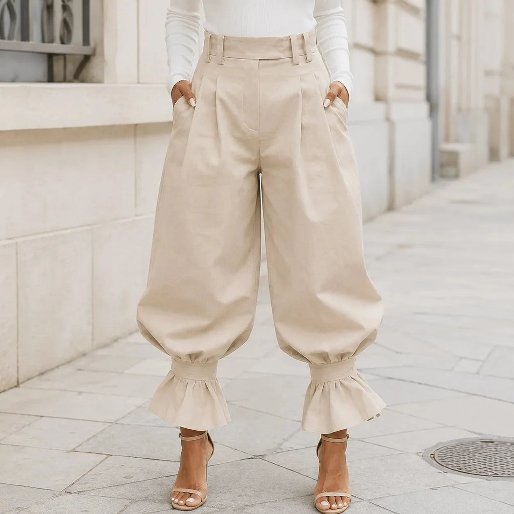 Verona – Pantalon lantern à taille haute plissé avec poignet volanté