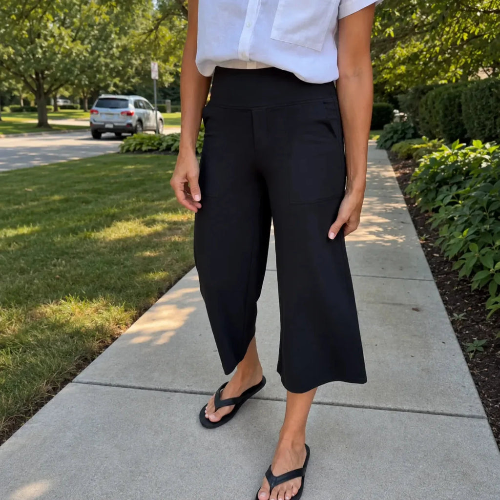 Velessa – Pantalon cropped taille haute à jambes larges avec poches
