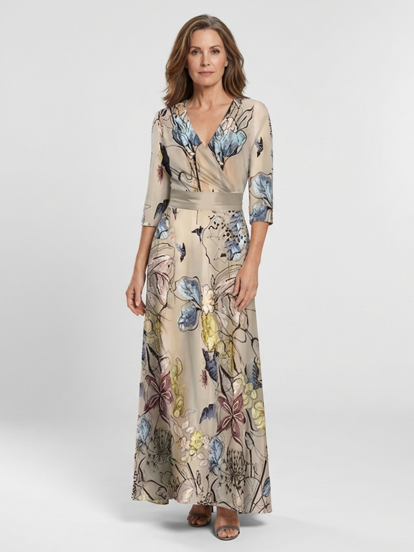 Margaret | Robe Maxi Wrap à Manches Trois Quarts à Fleurs