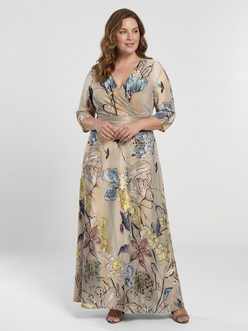 Margaret | Robe Maxi Wrap à Manches Trois Quarts à Fleurs