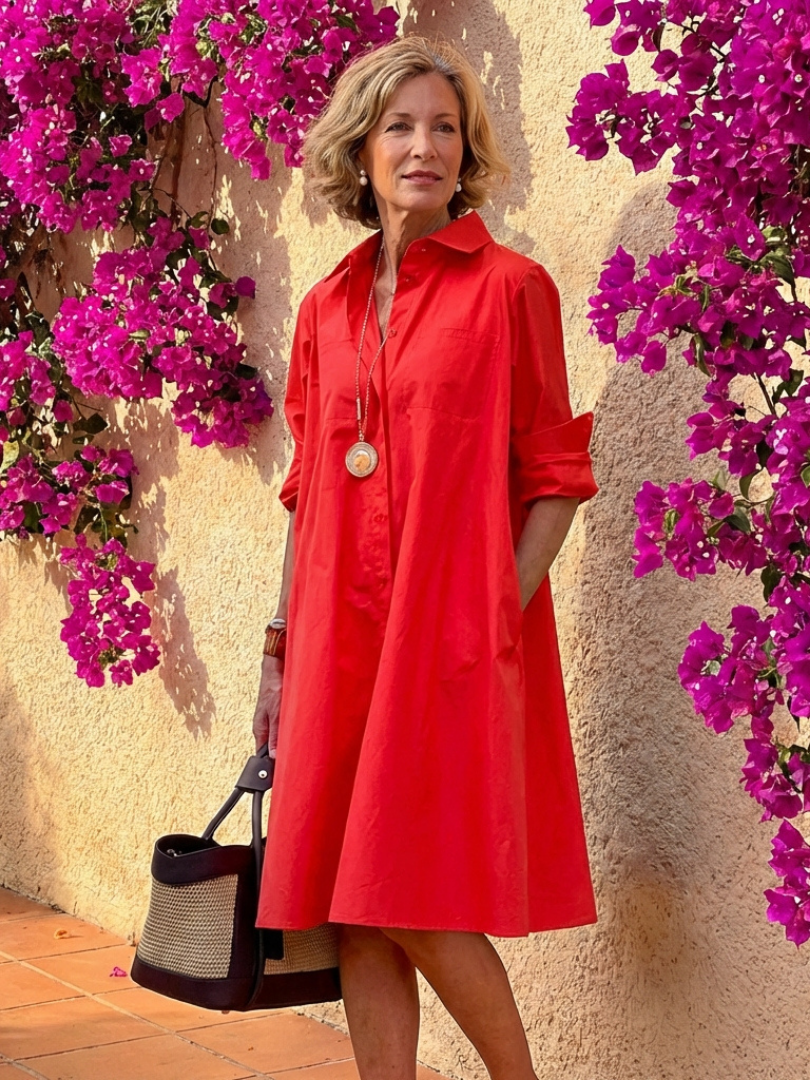 Evelyn | Robe chemise midi à col et bouton devant