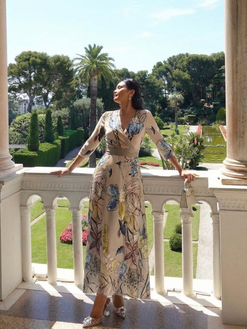 Margaret | Robe Maxi Wrap à Manches Trois Quarts à Fleurs