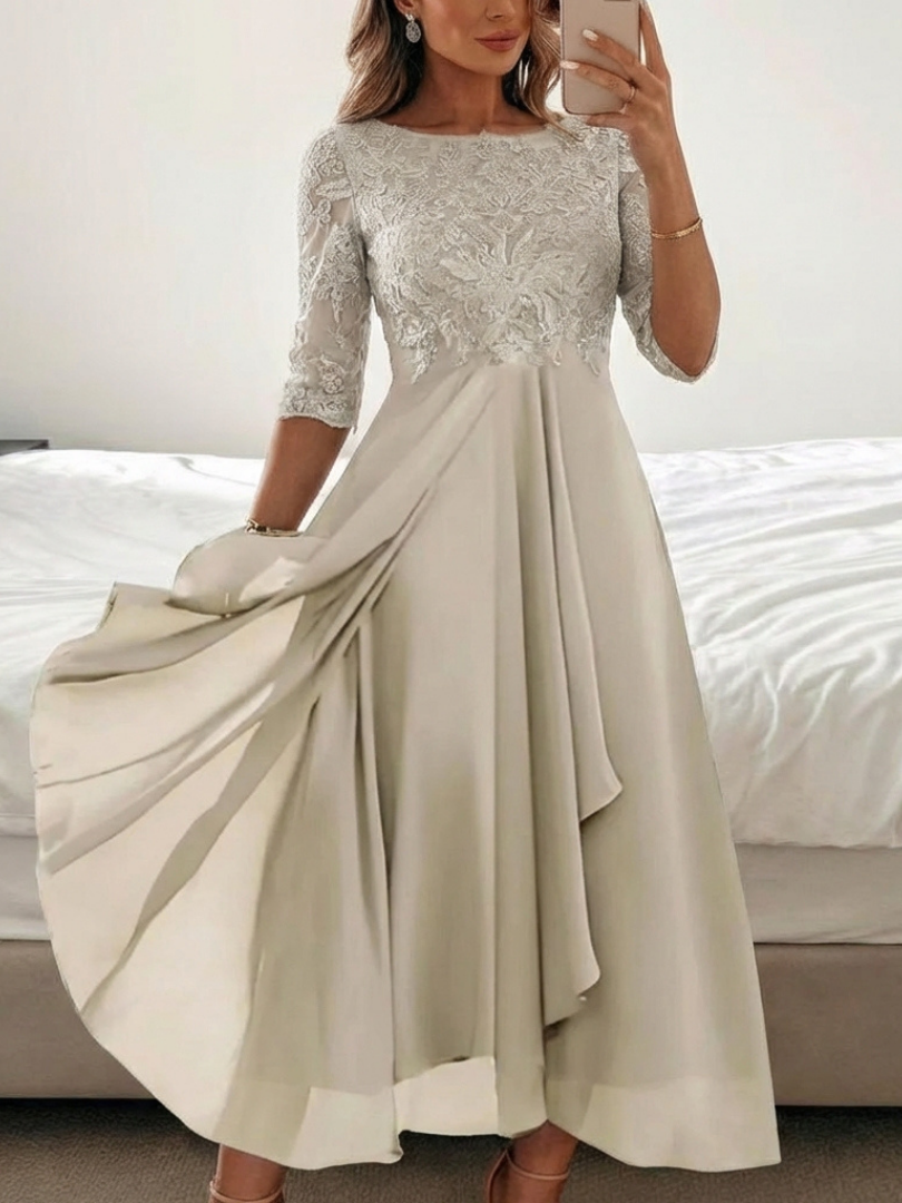 Vivian | Robe Midi à Corsage en Dentelle et Manches Trois Quarts