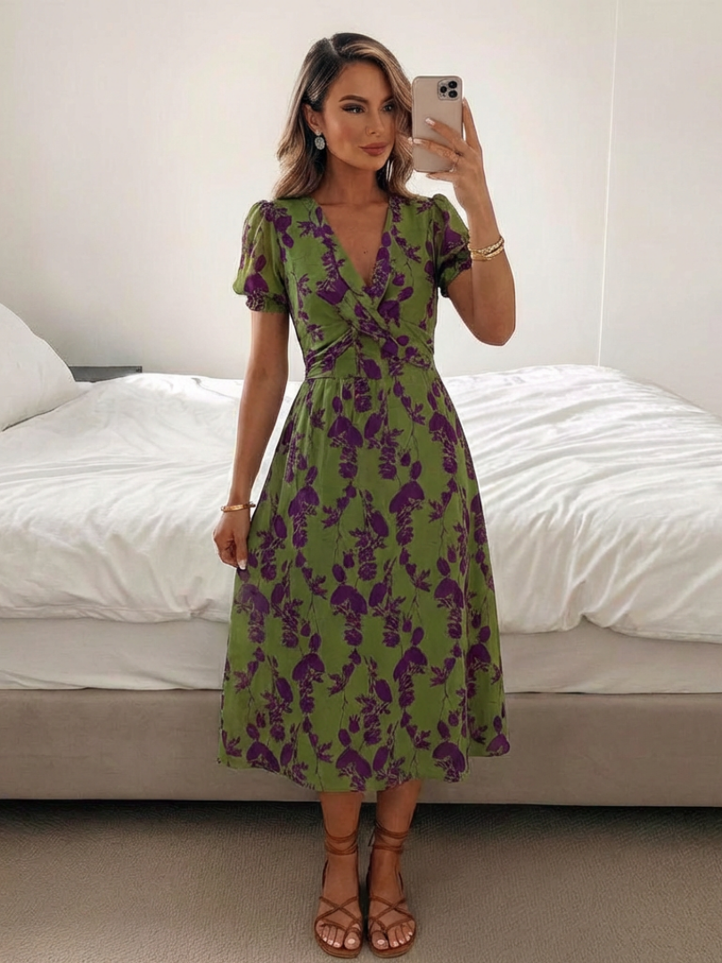 Clara | Robe Midi à Manches Courtes à Fleurs en V