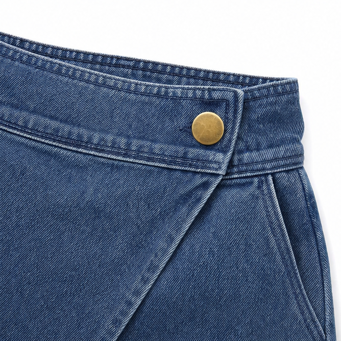 Velara – Bermuda Shorts en Jean à Front Wrap Asymétrique Longueur Genou