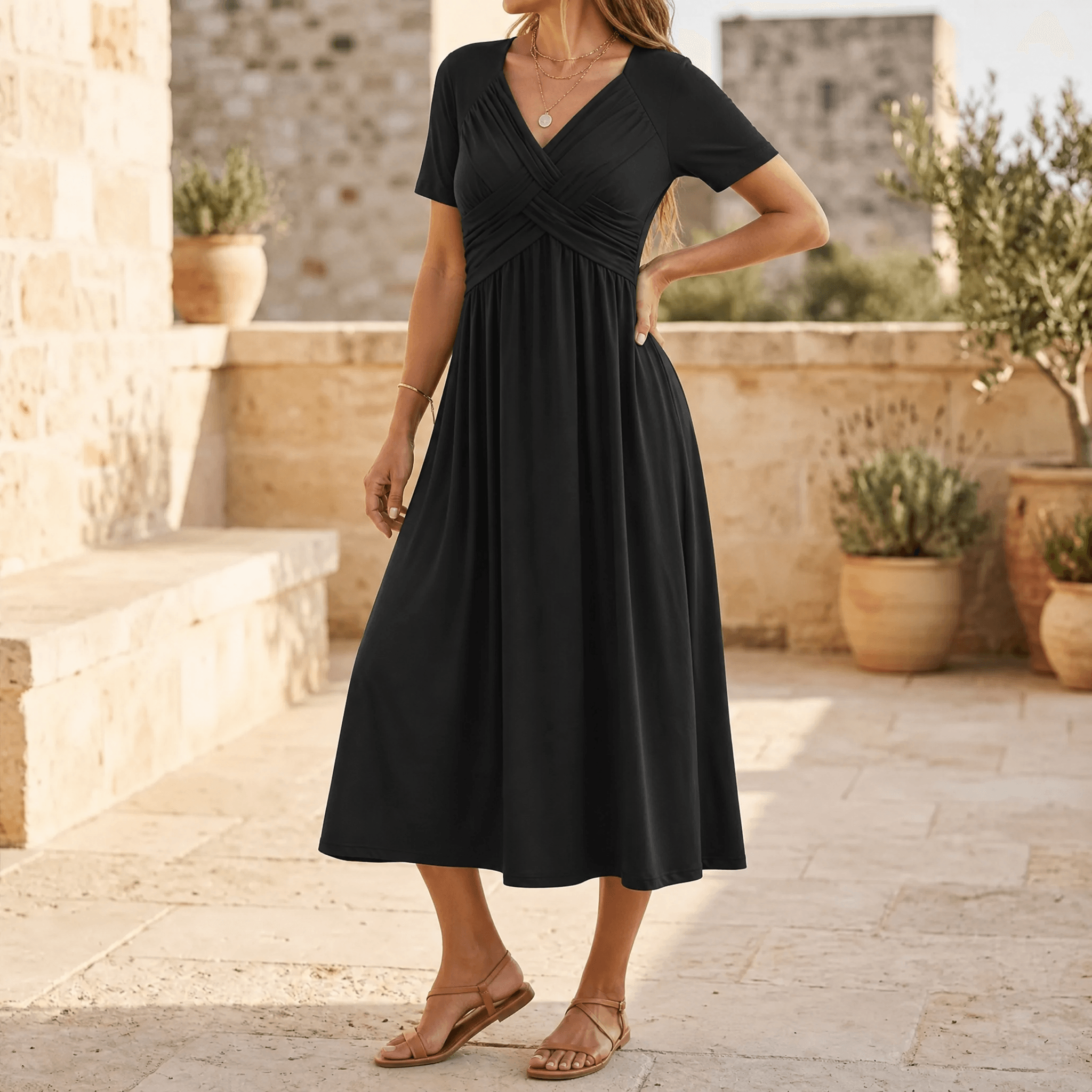 Veluna – Robe midi croisée à col en V avec poches
