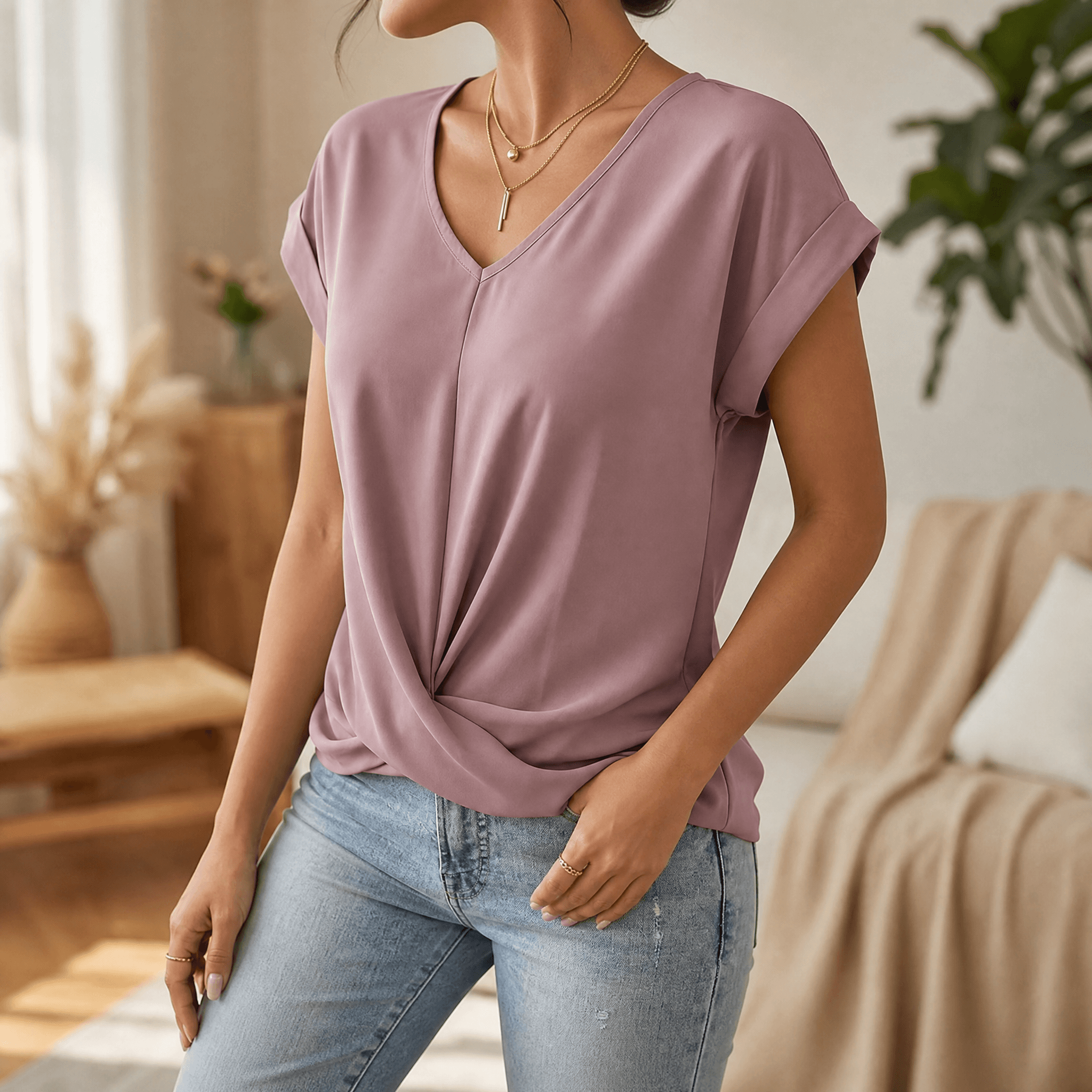 Veluna – Haut V-Neck à Nœud Torsadé pour un Style Quotidien Sans Effort