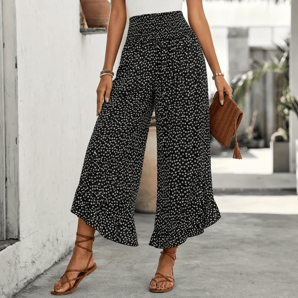 Velura – Pantalon large à volants smockés