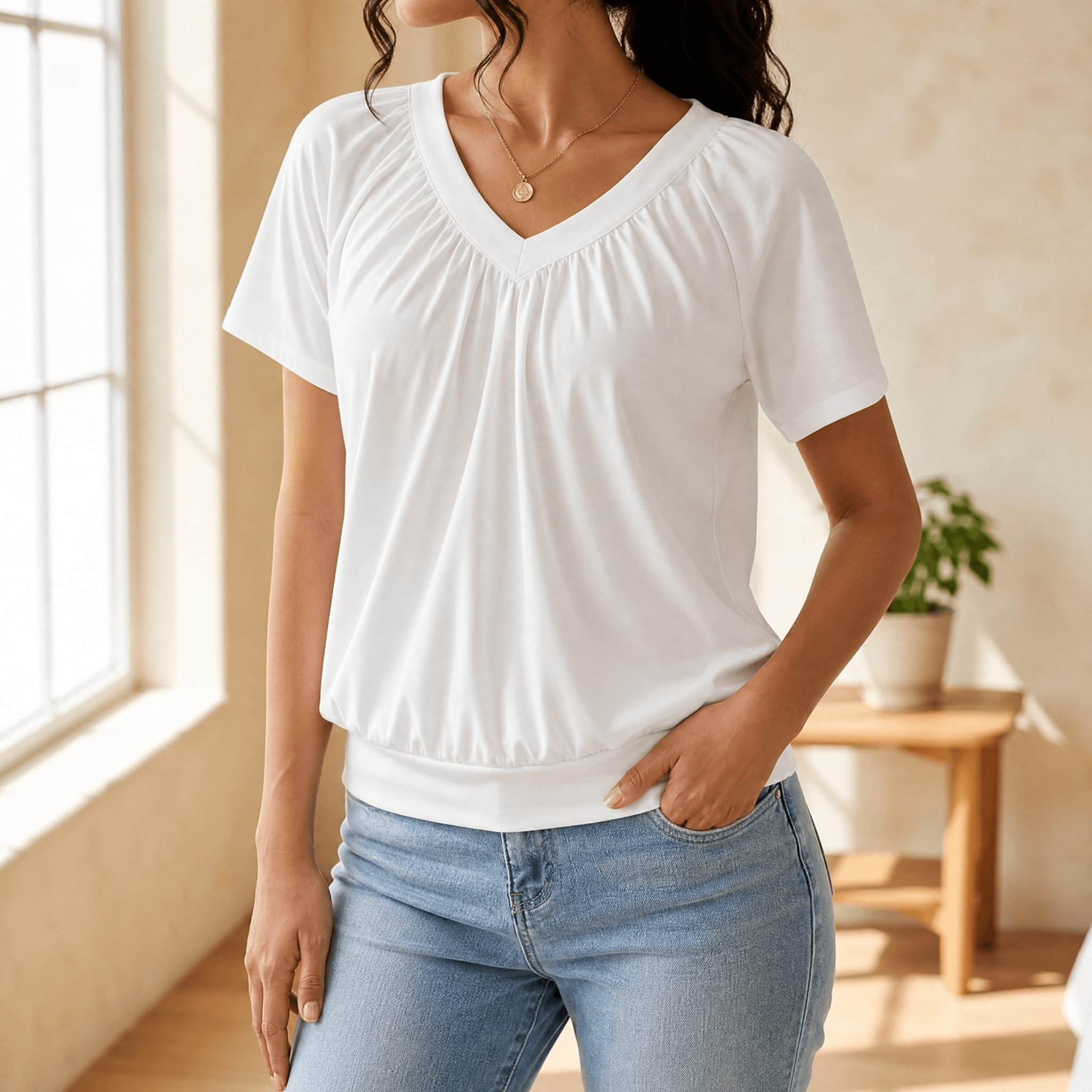 Vivelyn – Haut blouson à plis et décolleté en V pour femmes
