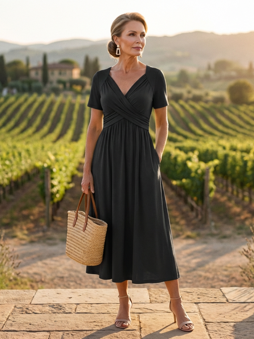 Marina | Robe Maxi à Manches Courtes et Décolleté en V